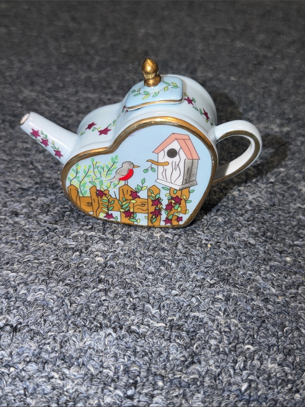Vivian Chan Blue Heart-Shaped Porcelain Teapot with Gold Trim and Garden Motif
